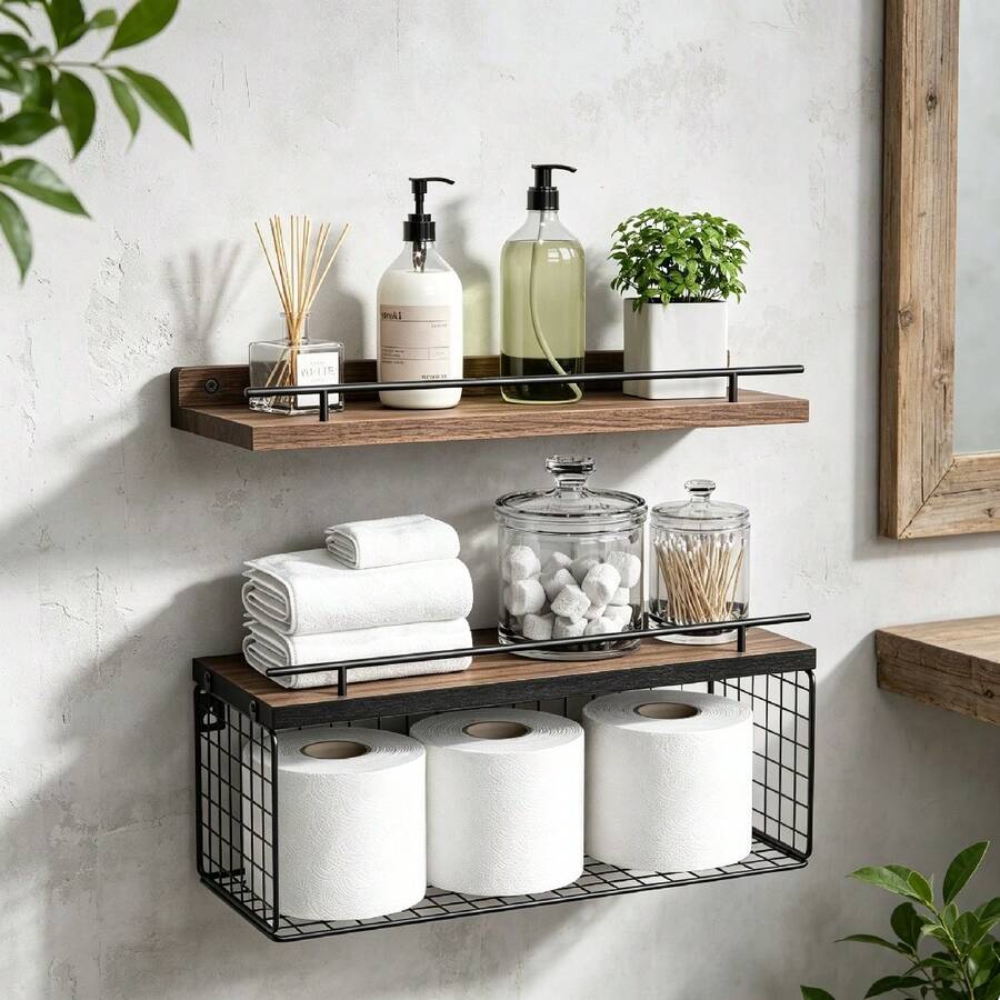 Bathroom Decor Art Floating Shelf, Modern Black | Bathroom Storage Rack And Shelf, Toilet Wall Shelf With Metal Railing - View 1