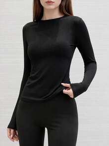Women's Ribbed Crew Neck Long Sleeve Top, Slim Fit Elastic Basic T-Shirt, Soft Comfortable Solid Color Casual Layering Inner Shirt - Black - View 3