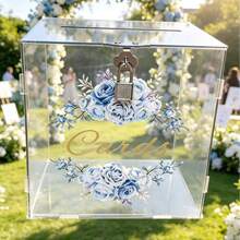 Blue Rose Print Transparent Acrylic Greeting Card Storage Box With Lock - 1PC - View 2