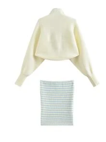 Early Spring Pure Desire Hot Girl Outfit Set, Korean Sweet Style Color-Block Striped Bandeau Top & Layered Knit Cardigan 2 Pieces Set - Picture Color - View 5