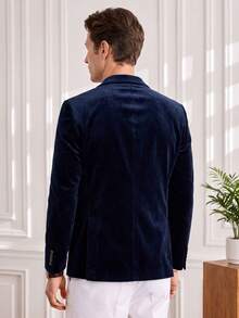 Officeau Men's Solid Color Old Money Style Business Casual Velvet Blazer, Regular Fit, Single Button, Lapel, Patch Pockets, Long Sleeve, Navy Blue, Autumn - Navy Blue - View 2