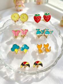 7 Pairs Personalized Non-Pierced Ear Clips Jewelry Set, Weekly Non-Repeating Style, Multiple Designs For Versatile Matching, Small Flower, Small Strawberry, Whale, Small Cat, Cloud, Etc., Daily Wear Jewelry, Holiday Celebration Outfit - Gold - View 5