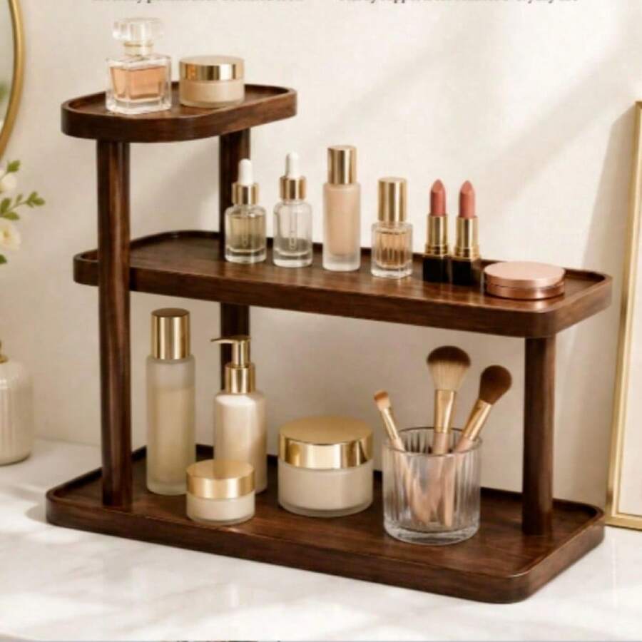 3-Tier Cosmetic Desktop Storage Rack: Vertical Shelf Design, Built-In Vintage Texture, Made Of Durable Wooden Material, Very Space-Saving - Multicolor - View 1