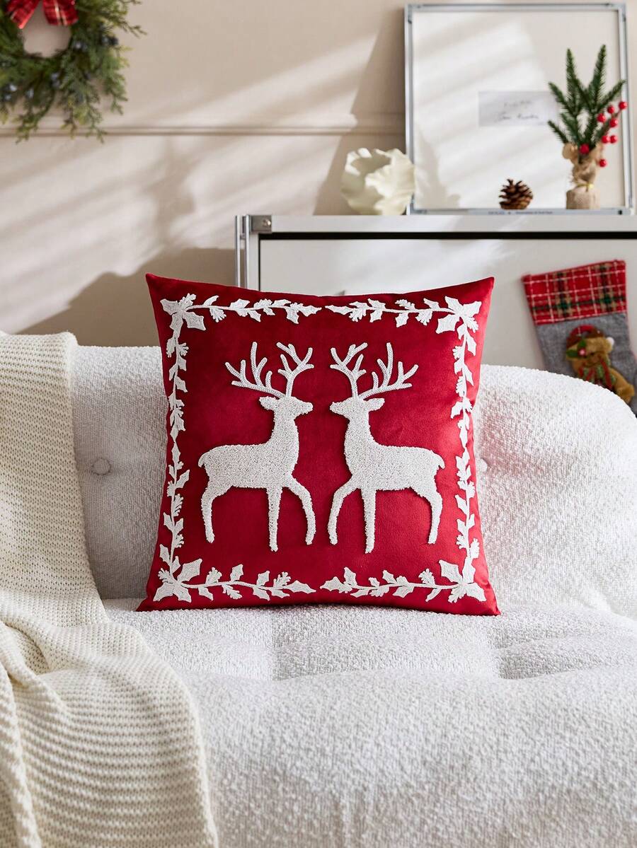 1件裝聖誕紅色馴鹿刺繡枕套，適合室內裝飾、聖誕裝飾，四季通用，不含枕芯