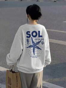 Sweatshirt Leher Bulat Motif Bintang Laut & Garis Ombak Gaya Liburan Pantai, Atasan Lengan Panjang Kasual Bahu Longgar dengan Slogan Liburan Musim Panas, Pakaian Musim Gugur - Putih Abu-abu - View 9
