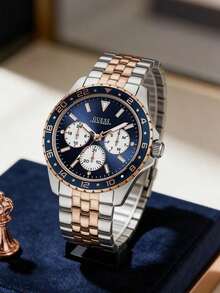GUESS W1107G3 Odyssey Series Men's Watch Blue Panda Dial Multifunction Chronograph Gold Steel Band Quartz Watch - Watch - View 2