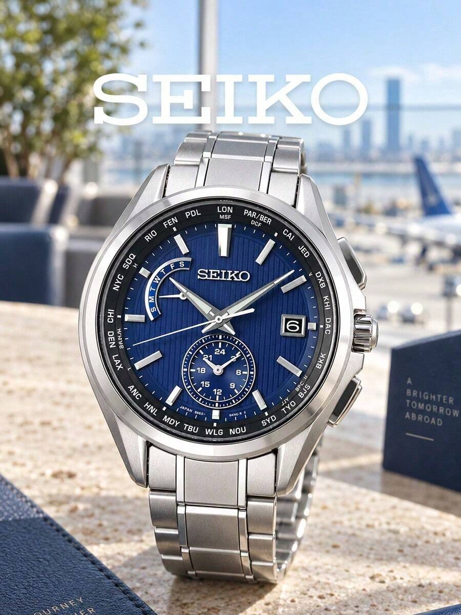Men's SEIKO Quartz Watch, Brushed Stainless Steel Band, Vertical Texture Blue Dial, 24H Subdial & Date Calendar For Travel Wear Multi-Time Zone Watch - Silver - View 1