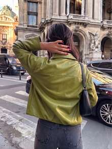Women's Moss Green PU Leather Short Jacket, Minimalist Basic Fashion Outerwear, Autumn Outfit, Daily & Street & Party Wear, Office Fashion. - Olive Green - View 8