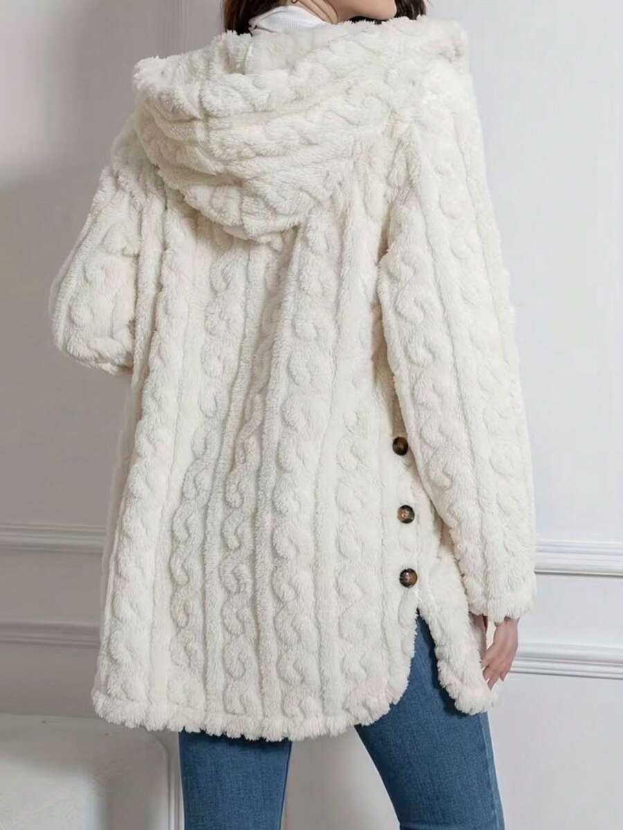 Women's Solid Color Fuzzy Cable Knit Teddy Bear Mid-Length Hooded Coat, Daily Wear For Autumn/Winter - Beige - View 1