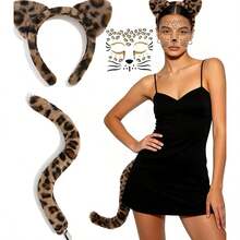 Halloween Animal Costume Accessory Set, Includes Ear Headband And Tail, Leopard Costume Set, Leopard Ear Headband, Leopard Tail, Bowknot, Face Stickers, Suitable For Halloween Role Play - View 14