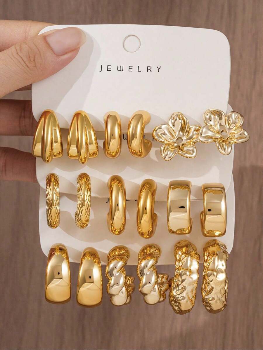 6/18pcs Fashion Stud Earrings Set, Exaggerated Oversized C-Shaped Elegant Long Earrings, Multi-Style Series Earring Set Suitable For Daily And Holiday Wear For Women, Made Of CCB Material With Non-Fading UV Gold Plating - Multicolor - View 1