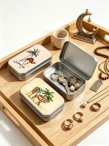 Camel & Palm Tree Print Jewelry Storage Box, With Fishbone Divider, Snap Closure, Portable Jewelry Box, Compartmentalized Storage For Earrings, Rings, Necklaces, Suitable For Commuting, Travel, Dorm, Vanity Organization, Ideal For Delicate Girls, Students, Jewelry Lovers, Qixi, Birthday, Christmas, Best Friend Gift, Portable Earring Box, Mini Jewelry Organizer - Multicolor - View 1