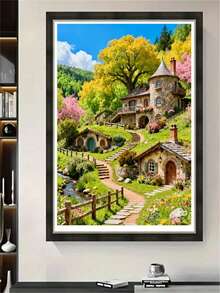 1pc Diamond Painting Kit, Healing Fairy Tale Country Cottage Diamond Art, Spring Blooming Greenery Handmade Rhinestone Decor Painting, Suitable For Living Room, Bedroom, Entryway Wall Decoration - round diamond - View 4