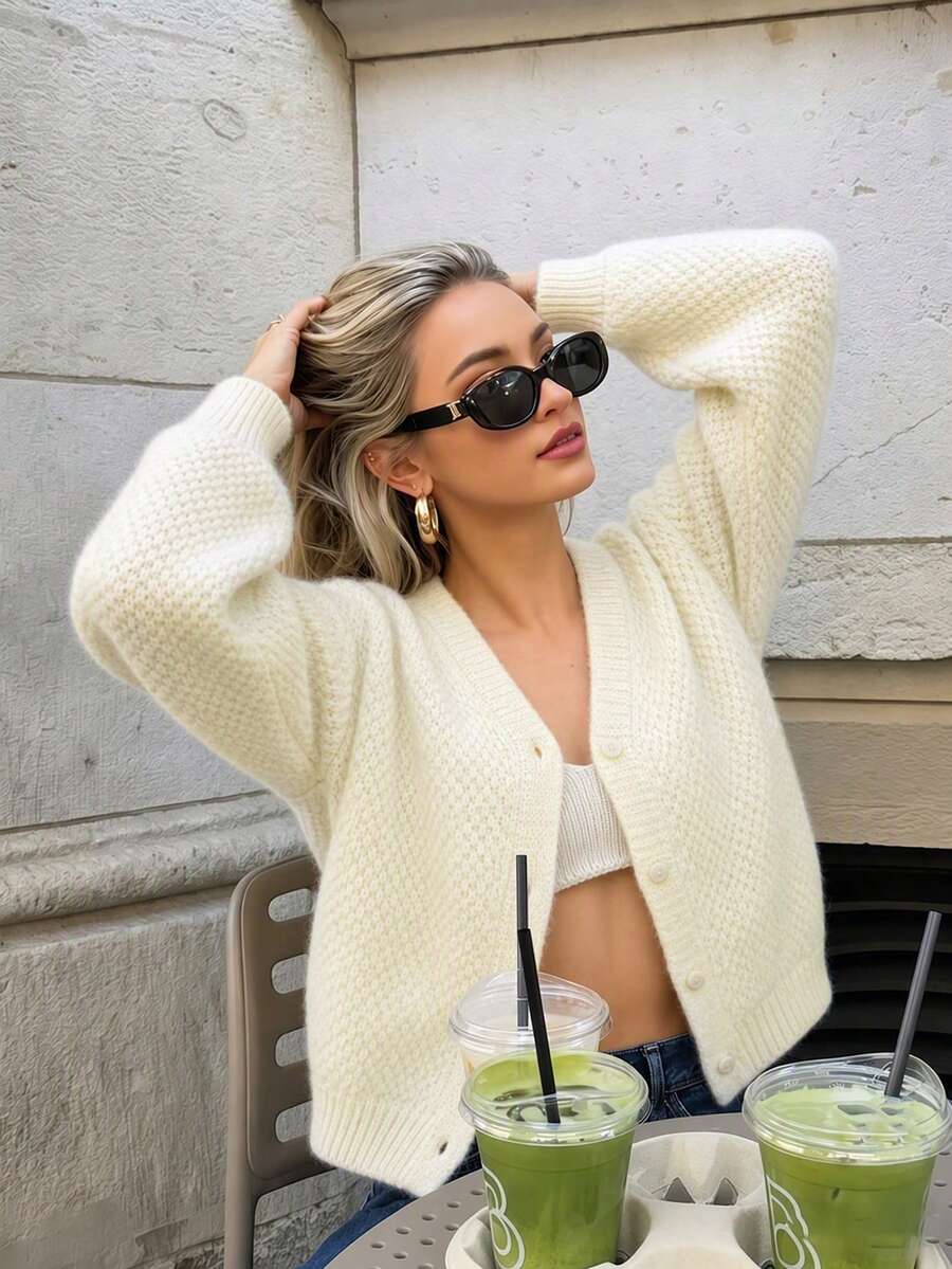 Women's V-Neck Short Knit Cardigan, Long Sleeve Button Front Sweater, Soft Elegant Autumn/Winter Knit Top, Suitable For Women's Daily, Office, Date Wear - Cream - View 1