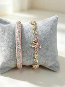2pcs/1pc Vintage Palace Enamel Style Colorful Glazed Bracelet Set With Rhinestone Floral Chain, Light French Atmosphere Butterfly Jewelry, Campus Outfit, Afternoon Tea, Banquet Versatile Accessory - Gold - View 2