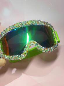 POLASUP 1pc Oversized Women's Full Coverage Fashion Decorative Soft Rubber Ski Goggles With Coated Reflective Lens For ATV, Karting, Off-Road Riding, Hiking, Adjustable Elastic Strap + Anti-Fog Cloth + Matching Color Head Cover - Green Frame/green Film/colorful Rhinestone Decoration - View 4
