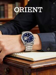 Jam Tangan Mekanik Otomatis ORIENT Pria, Baja Tahan Karat, Dial Skeleton Biru Tua, Sub-Dial Indikator Cadangan Daya, Gelang Logam Perak, Jam Tangan Kasual Bisnis - RA-AR0003L - View 2