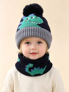 Children's Dinosaur Knit Hat And Scarf 2pcs Set, Autumn/Winter Cartoon Woolen Hat, Baby Ear Protection Hat, Thickened Cute - Multicolor - View 4
