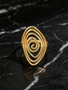SEEKGLEE 1pc Golden Spiral Swirl Open Ring, Bohemian Style Stainless Steel Adjustable Statement Ring For Wome - Yellow Gold - View 1