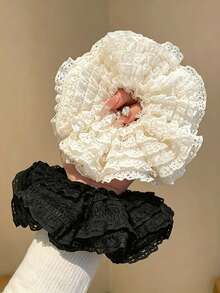 2pcs Multi-Layer Lace Ruffle Scrunchies, Elegant Ponytail Hair Ties, Elegant Mesh Hair Rope Headpiece, Versatile High Elasticity Women's Hair Accessories - Multicolor - View 2