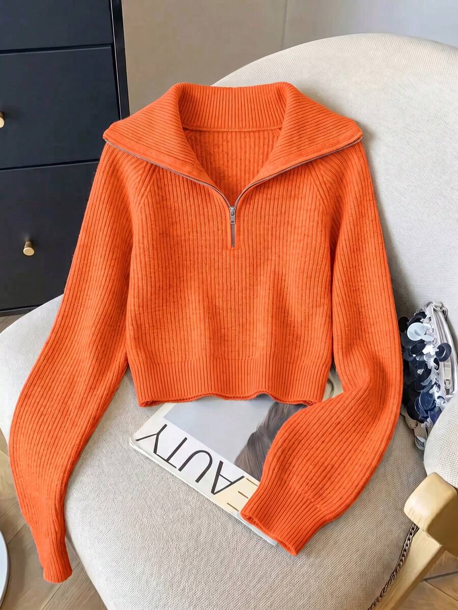 Pull court à demi-zip pour femmes, pull à col montant en peluche, Top tricoté thermique pour tenues décontractées d'automne et d'hiver, rentrée scolaire, Halloween - Orange - Voir 1