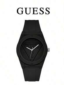 ساعة GUESS الرجالية باللون الأسود المطفي: شعار مثلث محفور، تصميم صناعي بسيط. سوار من السيليكون/الجلد/المعدن، ساعة رياضية بأسلوب الهيب هوب. - الأسود - مشاهدة 10