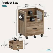 Archivadoróvil bajo escritorio con cajón amplio, mueble organizador de 20 pulgadas para oficina en casa, cuenta con estante de vidrio templado y 4 ganchos para guardar accesorios y documentos - Café integral - Ver 5