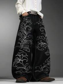 Men's Japanese‑Style Jeans, Simple Embroidery On Front & Back, Baggy Wide‑Leg Trousers, Loose Daily Wear Pants For All Seasons (No Belt & Accessories) - Black - View 3