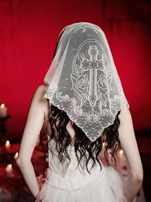 MortiRose 1pc Lace Floral Trim Wedding Veil Scarf Triangular Scarf, Fashionable Lace Trim Breathable Church Headscarf - Cross - View 10