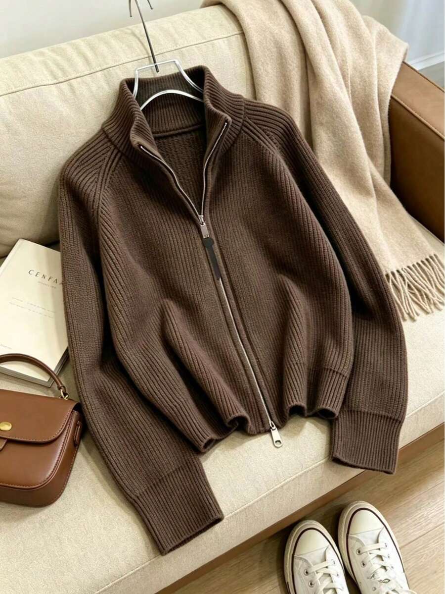 Korean Style Vintage Dark Brown High Neck Zipper Versatile Knit Sweater - Coffee Brown - View 1