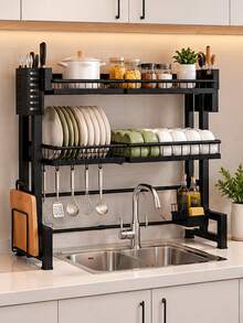 1pc Stainless Steel Double-Layer Dish Drying Rack, Over Sink Utensil Holder Organizer For Kitchen Counter - Multicolor - View 1