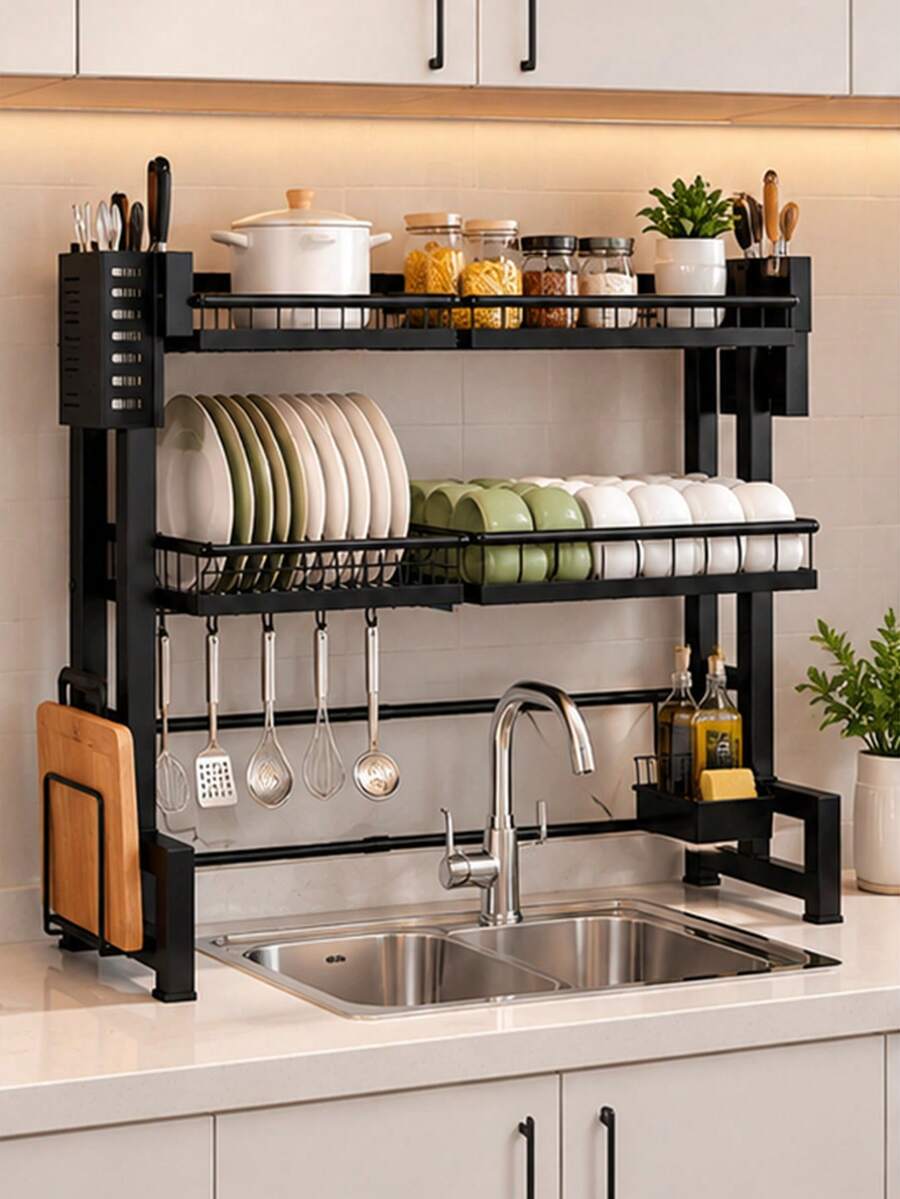 1pc Stainless Steel Double-Layer Dish Drying Rack, Over Sink Utensil Holder Organizer For Kitchen Counter - Multicolor - View 1