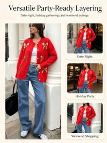 Plus Size Women's Autumn/Winter Button Front Sequin Bow Long Sleeve Knit Cardigan, Casual Commute Date Party Jacket - Orange - View 2