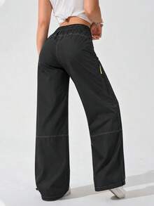 Women's Black Cargo Pants With Wide Leg, Drawstring Elastic Waist, Contrast Stitching, Zipper Pockets And Adjustable Hems - Black - View 4