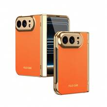 VIETAO 電鍍材質人造皮革全包覆保護手機殼，相容 Galaxy Z Fold 7 6 5 4 8 Ultra Fold7 Fold6 Fold5 Fold4，附鋼化玻璃螢幕保護貼，手機保護殼相容 iPhone Duo - 橘色 - 查看 18