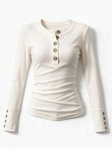 Women's Thermal Lined Long Sleeve Henley Top, Button Decor, Polyester Regular Fit, Autumn/Winter - White - View 5