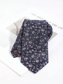 1pc Deep Blue Background Gold & Silver Small Rose Pattern Tie, Luxury Vintage Floral Design, Suitable For Banquet And Commute - Dark Blue - View 2