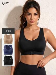 3pcs Women's Wireless Bra With Front And Back Double Buckle, Cycling Sports Lifting Anti-Sagging Sporty Style - Multicolor - View 1