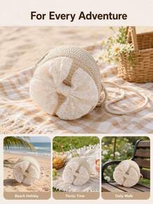 1pc Girls' Lace Bowknot Straw Crossbody Bag, Kids Coin Purse For Travel & Beach - Beige - View 4
