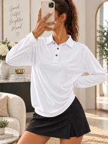 AODSR Women's White Long Sleeve Polo Top, Classic Fit Collared Shirt For Golf, Workout, Travel And Everyday Wear. - White - View 4