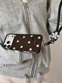 Ins Style Autumn/Winter Marrone Coffee Base With Small Silver Floral Pattern Phone Case For IPhone 18 Pro Max/17 Pro Max/16/15 Pro Max/15 Pro, Shockproof Full Coverage Protective Cover, New 17/18 Pro Max Soft Handheld Case - Dark Brown - View 2