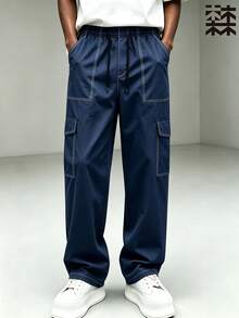 mulinsen Mulin Sen Men's Black Cargo Pants, Loose Straight Leg, White Contrast Stitching, Multi-Pocket, Drawstring Waist, Casual Long Pants - Blue - View 3