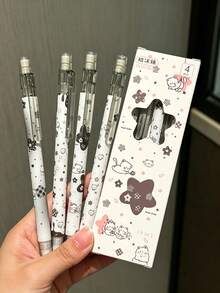 4pcs/1set Checkered Cute Cat Automatic Pencils, Pen Body Full Print Soft Cute Kitten, Checkered, Star Small Flower Pattern, Black White Pink Soft Color Scheme, With Easy Transparent Clip, Click To Retract Easy Operation - A - View 2