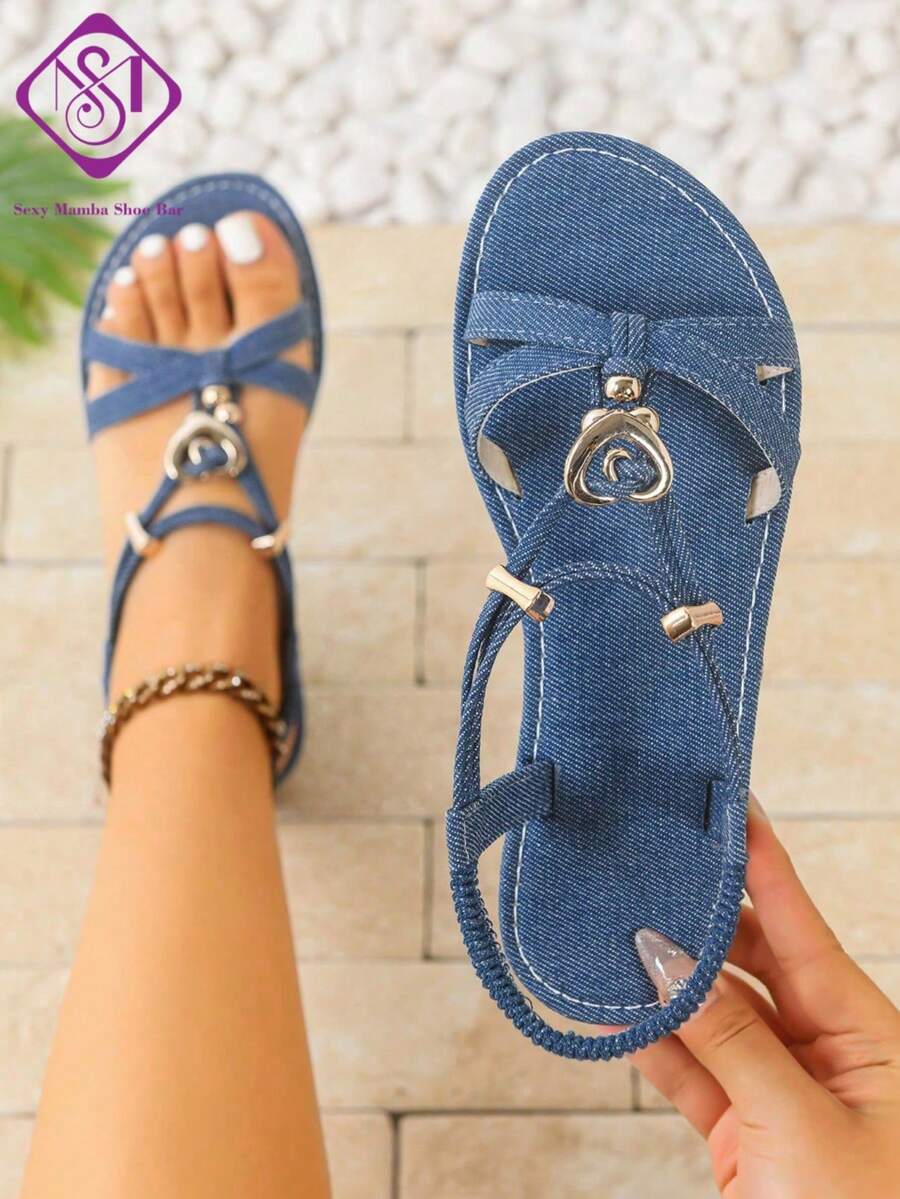 Women's Wide Fit Flat Sandals With Heart Metal Buckle Decor, Fashionable Retro Comfortable Evening & Outdoor Flat Sandals - Blue - View 1