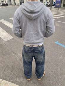 Men's Minimalist Cross Print Zip-Up Hoodie, Grey Loose Casual Streetwear Pattern Sweatshirt, Winter Top - Light Grey - View 2
