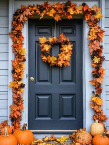 5/2/1pc - Autumn Maple Leaf Wreath, 5.6ft Artificial Maple Leaf Autumn Wreath, Hanging Autumn Vine Tabletop Decor - Durable And Reusable, Suitable For Thanksgiving Family Gathering, Front Door Autumn Decor, Room Decor, Room Decor, Home Decor, Autumn Home Decor, Christmas Home Decor - Multicolor - View 2
