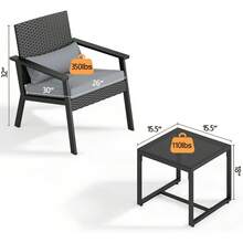 Juego de muebles pequeños de mimbre para patio al aire última intervensión de 3 piezas con mesa de vidrio para balcón, porche y jardín (gris) - Gris - Ver 2