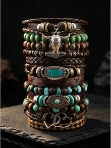 Unisex Western Bohemian Style Multi-Layer Leather And Wooden Bead Bracelet Set, Decorated With Bull Skull Pendant, Vintage Style, Stackable, Suitable For Wrist Wear - Bracelet - View 5