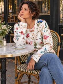 New Women's Ribbed Knit Butterfly & Floral Print Pullover Sweater, Long Sleeve Regular Fit Mid-Stretch, Suitable For Daily Wear - Off-white - View 3