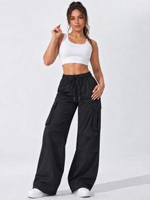 Women's Black Drawstring Waist Wide Leg Cargo Pants With Large Flap Pockets Casual Relaxed Fit Trousers For Daily Wear - Black - View 6